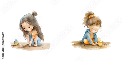 cute girl playing sand on the beach watercolor vector illustration