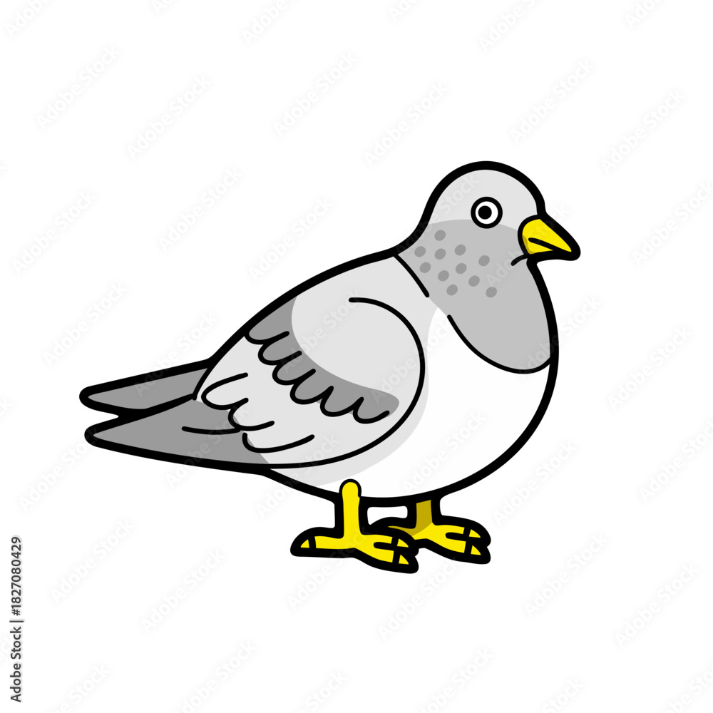 Obraz premium A stylized cartoon pigeon with gray and white feathers and yellow feet stands against a black background, featuring simple lines and a flat design aesthetic