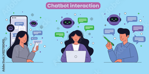Chatbot interaction, AI assistant usage, mobile conversation, laptop dialogue, smart response system, digital communication, user engagement, flat vector illustration