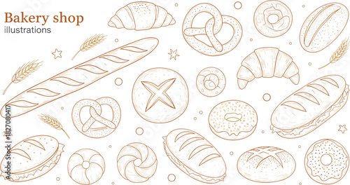 Bakery shop, bread illustration, croissant sketch, pretzel drawing, baked goods, wheat icon, pastry design, flat vector illustration