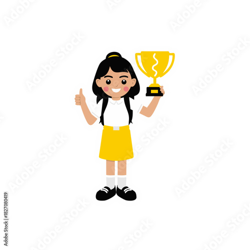 A Smiling Young Girl With Orange Hair In A Ponytail Wearing A Yellow Dress With A Green Collar Holds A Trophy And Gives A Thumbs Up