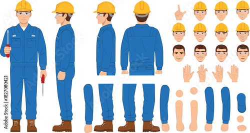Construction worker character, technician avatar, tool holding pose, safety helmet, animated builder parts, customization set, flat vector illustration
