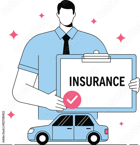 Car insurance approval, auto protection, insurance document, vehicle safety, insurance policy, coverage confirmation, driving security, flat vector illustration