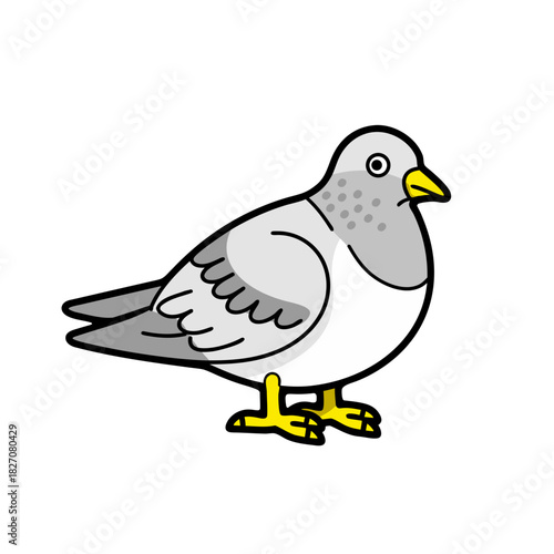 A stylized cartoon pigeon with gray and white feathers and yellow feet stands against a black background, featuring simple lines and a flat design aesthetic