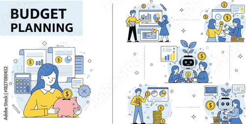 Budget planning concept, financial analysis, savings strategy, money management, investment growth, AI finance tools, teamwork economy, flat vector illustration