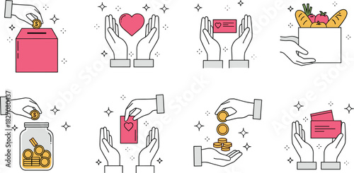 Charity donation icons, giving hands, food support, heart card, coin jar, community help, generosity symbols, flat vector illustration