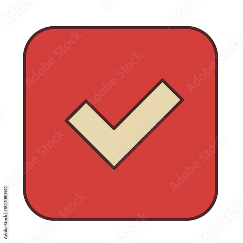 A Simple Red Square Icon With Rounded Corners Featuring A Beige Check Mark Symbol In The Center With A Subtle Outline And A Flat Design Aesthetic Perfect For User Interface Elements