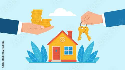 Real estate transaction with house, money, and keys exchange