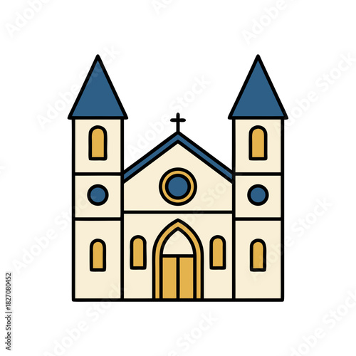 A stylized depiction of a church building featuring cream-colored walls yellow doors and arched windows topped with blue conical roofs in a flat vector art style