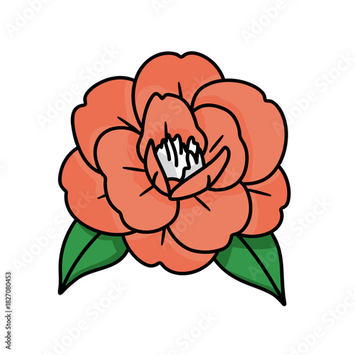 A stylized coral-colored flower with green leaves against a stark black background presented in a clean 2D vector art sticker style focusing on minimalist elegance and simplicity with bold outlines