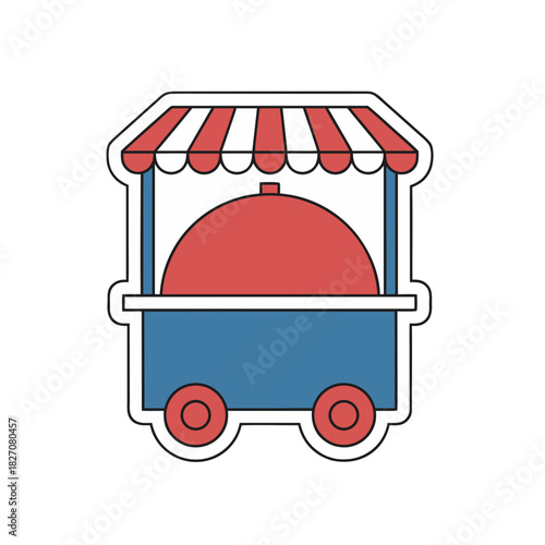 A Stylized Food Cart With Red And White Striped Awning And Blue Base Serving Red Domed Dish Outdoor Scene With Wheels Illustration Clean Design