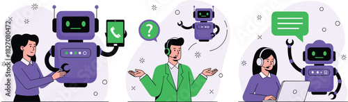 Customer service robot, AI assistant, help desk interaction, chatbot support, headset communication, tech query response, flat vector illustration