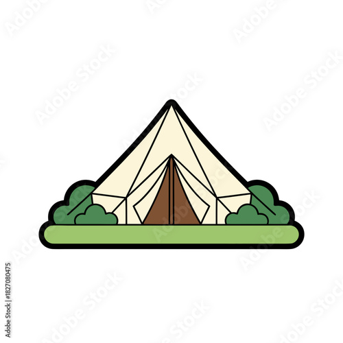 A Stylized Illustration of a Bell Tent Set Up on Green Grass Surrounded by Lush Green Bushes Against a Black Background