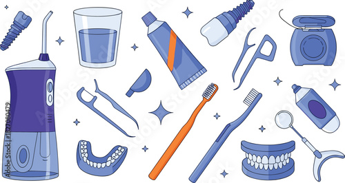 Dental hygiene tools, oral care products, toothbrush and toothpaste, floss picks, dental mirror, implants, jaw model, flat vector illustration