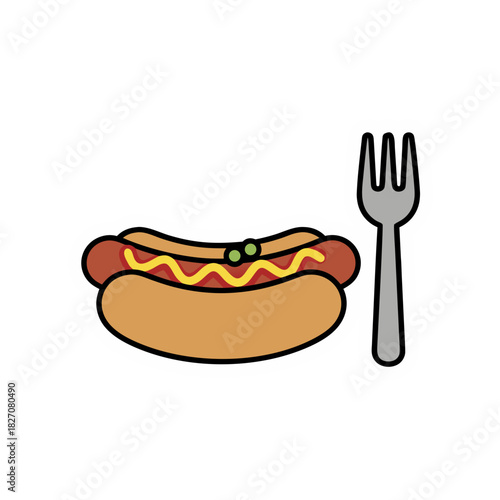 A stylized illustration of a hot dog with mustard and relish sits next to a silver fork against a stark black background symbolizing a simple meal.