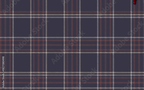 Classic tartan plaid pattern in muted navy, brown, and grey hues.