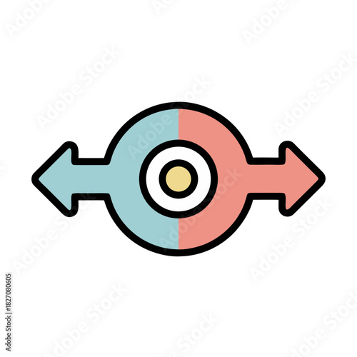 Abstract Circular Design With Blue and Pink Arrows Extending Outward On A Black Background With A Yellow Center Target Symbol And White Outer Ring