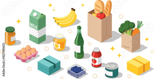 Grocery items, food packaging, healthy ingredients, shopping bag, nutrition concept, supermarket goods, meal planning, flat vector illustration