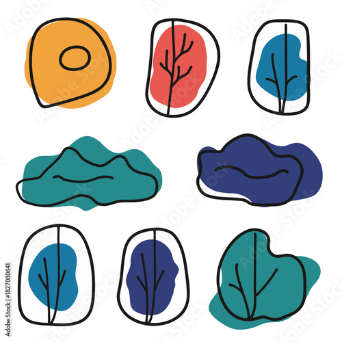 Abstract minimalist vector art featuring colorful organic shapes and stylized evergreen trees against a dark background creating a modern natural scene