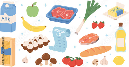 Grocery items, food ingredients, shopping list, kitchen essentials, meal prep, healthy eating, cooking supplies, pantry stock, flat vector illustration