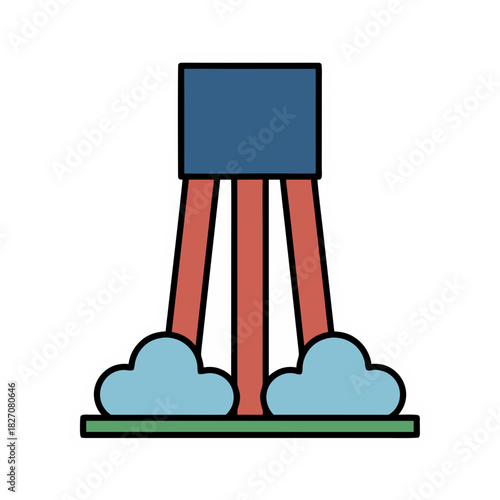 Abstract Geometric Tower Structure with Red Beams Emerging into Blue Clouds on Green Ground Minimalist Flat Vector Art Sticker Design with White Outline on Black Background