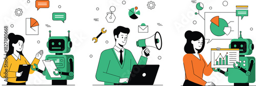 Human robot collaboration, data analysis, technical communication, AI teamwork, business intelligence, smart interaction, flat vector illustration