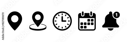 Modern user interface icons: location, clock, calendar, alerts.