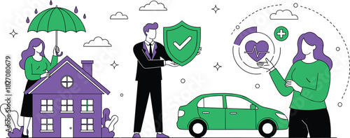 Insurance coverage, home protection, health insurance, auto policy, financial security, shield icon, safety concept, flat vector illustration