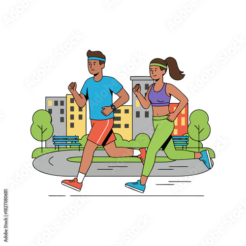 Active Couple Running In City Park At Sunrise With Warm Sunlight And Shadows Dynamic Outdoor Fitness Scene