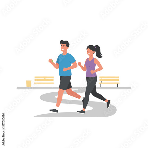 Active Couple Jogging Together in a Sunny Park on a Winding Path Between Benches Featuring Green Landscape and Blue Sky Overhead