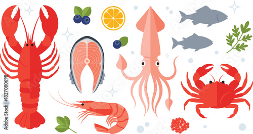 Seafood ingredients, marine cuisine, ocean delicacies, fresh catch, aquatic food, healthy seafood, gourmet marine, culinary ocean, flat vector illustration