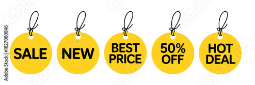 Yellow circular retail tags: sale, new, best price, 50% off