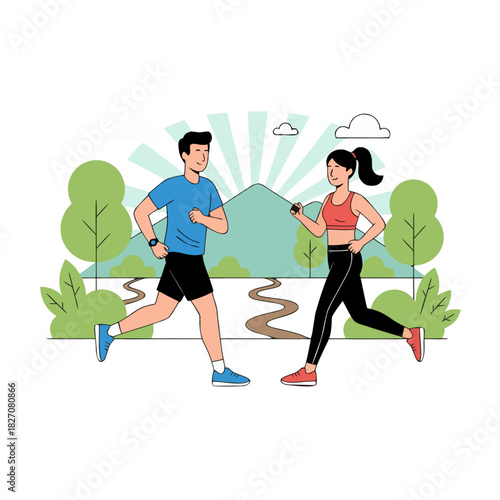 Athletic Adults Jogging Playfully in a Scenic Park with Mountains and Lush Greenery Under a Bursting Sun