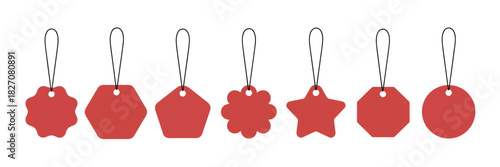 Blank red tags with string in diverse shapes for pricing, sales