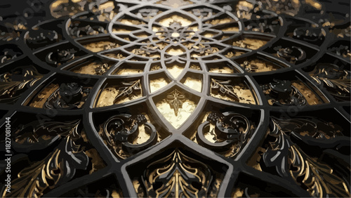 A perspective view of an ornate golden and black ceiling with intricate floral and geometric patterns