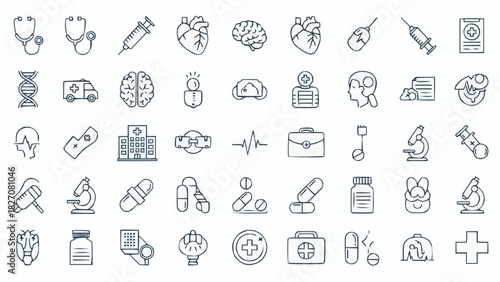 Collection of medical icons including stethoscope syringe and ambulance in line art style design vector