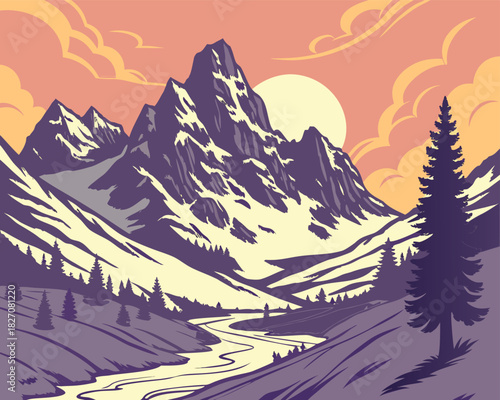 Mountain Landscape With Sunrise | Sunrise Mountain Illustration