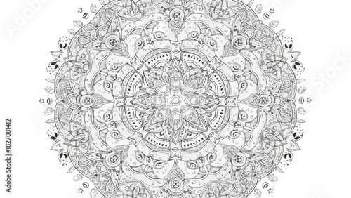 Detailed circular mandala pattern with floral and geometric elements in monochrome style art design