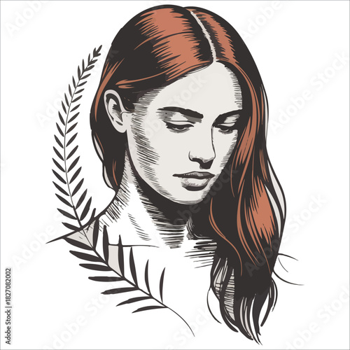 Vintage illustration of a woman face with long flowing hair looking down vector