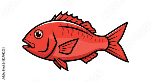 Cartoon illustration of a bright red fish with fins and a tail.