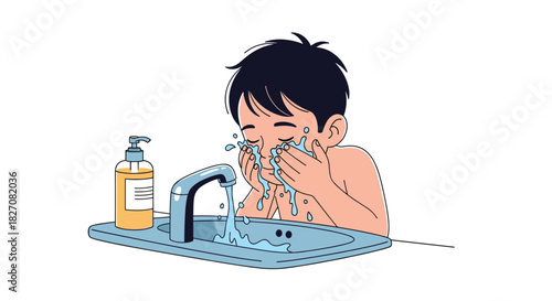 Young boy washing his face with soap and water at the sink in a bathroom.