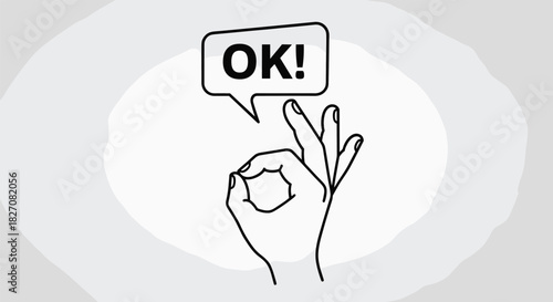 Line art illustration of a hand forming an okay gesture with a speech bubble saying OK!