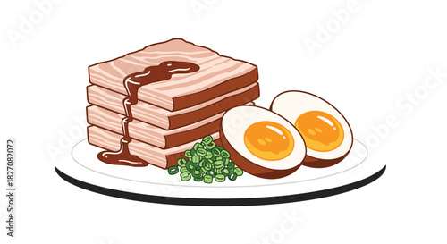 Stack of braised pork belly slices drizzled with sauce, served with chopped scallions and halved soft-boiled eggs on a plate.