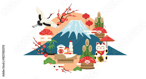 Japanese new year celebration with Mount Fuji, crane, lucky cat, and traditional decorations.