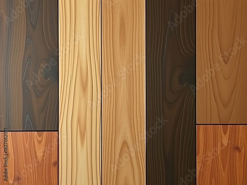 A vertical collage of wooden planks in diverse natural tones, from light pine to dark walnut, highlighting varied grains and textures. Ideal for interior design, backgrounds, or material references