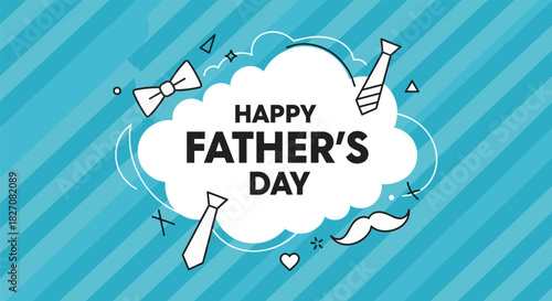Happy Father's Day greeting with tie and bow tie icons on blue striped background.