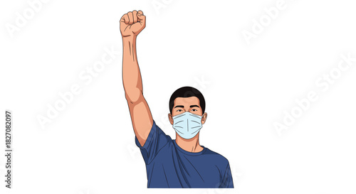 A young man wearing a face mask raises his fist in solidarity or protest.