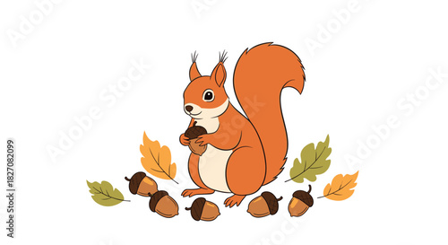 Cartoon squirrel holding an acorn surrounded by autumn leaves and more acorns.