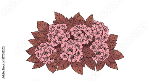 A cluster of delicate pink blossoms surrounded by richly colored brown leaves.