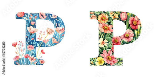 floral letter P watercolor vector illustration